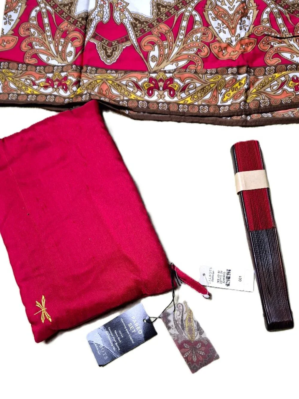 TALBOTS Paisley Pareo 3-Pc Set Swim Cover-up, Fan & Cosmetic Bag Fuschia/White